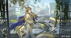 1girl absurdres architecture arknights bare_shoulders bead_bracelet beads blue_sky bracelet branch bridge cloud cowboy_shot dragon_girl dragon_horns east_asian_architecture eastern_dragon_tail from_side highres holding horns ivy jacket jewelry mianxiang off_shoulder outdoors pants pointy_ears river shirt shu_(arknights) sky solo strapless strapless_shirt tube_top watermark weibo_watermark white_jacket white_pants white_tube_top yellow_hands yellow_horns
