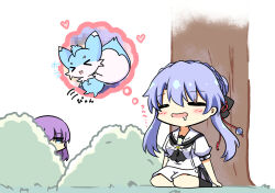 &gt;_&lt; 1girl =_= arms_at_sides ascot black_ascot blue_eyes blue_hair blush bush censored commentary_request dreaming drooling hair_bun heart highres inari_(summer_pockets) long_hair looking_at_another mosaic_censoring mouth_drool open_mouth outdoors peeking puffy_short_sleeves puffy_sleeves purple_hair sailor_collar school_uniform sekibaracheice serafuku shirt short_sleeves siblings sidelocks simple_background single_hair_bun sisters sitting skirt sleeping smile solo solo_focus sorakado_ai sorakado_ao sound_effects speech_bubble summer_pockets summer_pockets_school_uniform thought_bubble tree twins wariza white_background white_sailor_collar white_serafuku white_shirt white_skirt
