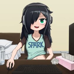 1girl artist_name bags_under_eyes cpt_ktw green_eyes hair_between_eyes hair_over_one_eye highres implied_masturbation kuroki_tomoko open_mouth solo upper_body used_tissue watashi_ga_motenai_no_wa_dou_kangaetemo_omaera_ga_warui!
