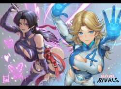 Rule 34 | 2girls, absurdres, animification, ass, bent over, black hair, blonde hair, blue bodysuit, blue eyes, blue jumpsuit, bodysuit, breasts, bug, butterfly, butterfly wings, covered erect nipples, cowboy shot, earrings, energy wings, facial tattoo, fantastic four, foreshortening, gloves, grey background, highleg, highleg leotard, highres, holding, holding sword, holding weapon, hoop earrings, insect, insect wings, jewelry, jumpsuit, large breasts, leotard, long hair, looking at viewer, marvel, marvel rivals, multicolored bodysuit, multiple girls, psylocke, psylocke (vengeance), purple leotard, simple background, single bare shoulder, smile, sue storm, superhero costume, sword, tattoo, thighhighs, thighs, tomo eokaiteru, torn bodysuit, torn clothes, torn gloves, torn leotard, torn thighhighs, two-tone bodysuit, weapon, white background, white bodysuit, wings, x-men