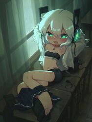 1girl absurdres bike_shorts bra cable cable_tail digitan_(porforever) electric_plug electric_plug_tail fang green_eyes highres mechanical_tail navel original porforever robot_ears star-shaped_pupils star_(symbol) symbol-shaped_pupils tail underwear wet white_hair