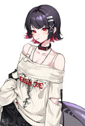 1girl black_choker candy choker collarbone colored_inner_hair ellen_joe fins fish_tail food highres holding holding_candy holding_food holding_lollipop lollipop minj_kim mole mole_under_eye multicolored_hair red_eyes shark_tail simple_background solo tail white_background zenless_zone_zero