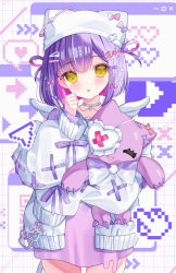 1girl :o animal_ears arrow_(symbol) bow choker clenched_hand colored_inner_hair cross_pendant eyepatch fake_animal_ears fake_wings hair_bow hair_ornament hairclip hat head_tilt heart highres holding holding_stuffed_toy jacket light_blush long_sleeves looking_at_viewer mini_wings multicolored_hair multiple_hair_bows open_clothes open_jacket oversized_clothes oversized_shirt pendant_choker pink_bow pink_hair pink_shirt pixel_heart puffy_long_sleeves puffy_sleeves purple_bow purple_hair shinomiya_runa shinomiya_runa_(4th_costume) shirt short_hair solo spoken_heart stuffed_toy two-tone_hair ureinnn virtual_youtuber vspo! white_choker white_hat white_jacket window_(computing) wings x_hair_ornament yellow_eyes