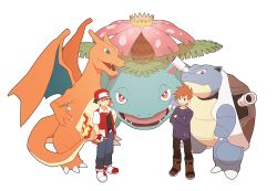 2boys baseball_cap black_pants blastoise blue_oak boot_straps boots brown_footwear charizard claws closed_mouth commentary_request crossed_arms dragon fire flame-tipped_tail gen_1_pokemon hat holding holding_poke_ball jacket jaho jewelry long_shirt long_sleeves male_focus multiple_boys necklace nintendo pants pants_tucked_in poke_ball poke_ball_(basic) pokemon pokemon_(creature) pokemon_rgby purple_shirt red_(pokemon) red_headwear shirt shoes short_hair short_sleeves smile spiked_hair standing starter_pokemon_trio tail transparent_background venusaur