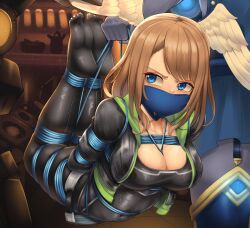 1boy 1girl black_jacket black_pantyhose black_shirt blue_eyes bound breasts brown_hair cleavage dankestofdans eunie_(xenoblade) full_body head_wings highres jacket large_breasts long_hair long_sleeves looking_at_viewer mask mouth_mask open_mouth pantyhose restrained shibari shirt soles solo_focus tied_up_(nonsexual) toes white_wings wings xenoblade_chronicles_(series) xenoblade_chronicles_3