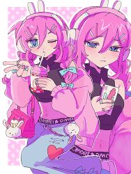 Rule 34 | 1girl, animal ear headphones, animal ears, aubrey (birthday) (omori), aubrey (faraway) (omori), aubrey (omori), blue bow, blue eyes, blue nails, bow, braid, cellphone, charm (object), crop top, cup, cupcake bunny (omori), denim, drinking straw, drinking straw in mouth, fake animal ears, forest bunny? (omori), hair bow, hair ornament, hairclip, headphones, highres, jeans, looking at viewer, low twin braids, mugi062, navel, omori, one eye closed, pants, phone, pink hair, pink nails, rabbit ear headphones, smartphone, solo, torn clothes, torn jeans, torn pants, twin braids, v