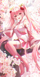 Rule 34 | 1girl, :d, bare shoulders, blurry, blurry background, blush, boots, bow, branch, breasts, cherry blossoms, cherry hair ornament, commentary request, detached sleeves, flower, food-themed hair ornament, full body, hair between eyes, hair bobbles, hair bow, hair ornament, hatsune miku, highres, holding, holding flower, in tree, long hair, long sleeves, looking at viewer, medium breasts, necktie, number tattoo, open mouth, outdoors, pink boots, pink eyes, pink flower, pink hair, pink necktie, pink skirt, pink sleeves, pink thighhighs, pleated skirt, plus1024, sakura miku, shirt, shoulder tattoo, sitting, sitting in tree, sitting on branch, skirt, sleeveless, sleeveless shirt, smile, solo, tattoo, teeth, thigh boots, thighhighs, tie clip, tree, twintails, upper teeth only, very long hair, vocaloid, wide sleeves, zettai ryouiki