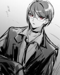 1boy 1girl collar collarbone female_focus genderswap genderswap_(ftm) grey_background highres japanese_text red_eyes shizuhara_hiruko simple_background solo the_hundred_line_-last_defense_academy-