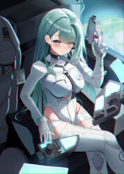 1girl absurdres ahoge breasts chair character_request chromatic_aberration controller copyright_request crossed_legs gloves green_eyes green_hair gun halterneck handgun highleg highleg_leotard highres holding holding_gun holding_weapon jacket large_breasts leotard light_smile long_hair looking_at_viewer panty_straps red_pupils science_fiction sitting skindentation solo su2ro thigh_strap thighhighs very_long_hair virtual_youtuber weapon white_gloves white_jacket white_leotard white_thighhighs zipper zipper_pull_tab
