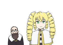 Rule 34 | 1boy, 1girl, akuyaku reijou tensei ojisan, alternate costume, alternate hairstyle, beard, blonde hair, capelet, commentary request, cosplay, denken (sousou no frieren), denken (sousou no frieren) (cosplay), drill hair, dual persona, facial hair, forehead, frieren, frieren (cosplay), full beard, glasses, grace auvergne, green eyes, hair between eyes, highres, long hair, long sleeves, looking at viewer, pout, receding hairline, ringlets, sidelocks, simple background, sousou no frieren, thick eyebrows, tondabayashi kenzaburou, ueyama michirou, v-shaped eyebrows, white background, white capelet