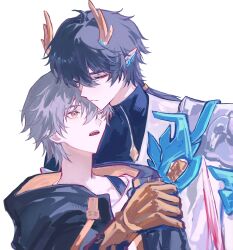 Rule 34 | 2boys, black coat, black hair, black shirt, caelus (honkai: star rail), chinese clothes, closed eyes, closed mouth, coat, collarbone, commentary request, dan heng (honkai: star rail), dragon boy, dragon horns, earclip, eyeliner, gauntlets, grey hair, hair between eyes, highres, honkai: star rail, honkai (series), hood, hooded coat, horns, lapels, looking at another, makeup, male focus, multiple boys, official alternate costume, one eye closed, open clothes, open coat, open mouth, pointy ears, qkbatsqfbzrdpsp, red eyeliner, shirt, short hair, simple background, t-shirt, teeth, trailblazer (honkai: star rail), two-sided coat, two-sided fabric, upper body, white background, white coat, white shirt, yaoi, yellow coat, yellow eyes