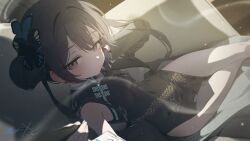 1girl 1other absurdres black_dress black_hair black_necktie blue_archive blush butterfly_hair_ornament china_dress chinese_clothes closed_mouth clothes_grab crossed_legs double_bun dress from_side hair_between_eyes hair_bun hair_ornament highres id_card kisaki_(blue_archive) long_hair looking_at_viewer necktie necktie_grab neckwear_grab pants pov sitting sushispin twintails white_pants