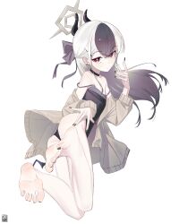 1girl absurdres ass black_hair black_nails blue_archive choker closed_mouth feet flat_chest full_body halo highres horns kayoko_(blue_archive) kayoko_(dress)_(blue_archive) kwms long_hair looking_at_viewer official_alternate_costume pale_skin skinny soles solo toes white_hair