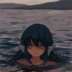1girl bare_shoulders blue_eyes blue_hair closed_mouth commentary_request expressionless fins griffon0416 head_fins highres long_hair mermaid monster_girl outdoors partially_submerged puyopuyo serilly_(puyopuyo) solo water