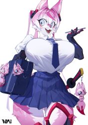 animal_ears animal_plush artist_logo artist_name bag blue_eyes blue_skirt breasts cellphone charm_(object) collared_shirt eyepatch fox_ears fox_girl furry furry_female gloves holding holding_phone huge_breasts katana logo long_glove necktie open_mouth original phone pink_hair pleated_skirt school_bag school_uniform shirt short_hair simple_background skirt stuffed_toy sword teeth tongue vzazu weapon white_background white_shirt