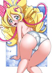 1girl all_fours asortofcolorfag ass blue_eyes blush breasts calves cameltoe colorized cure_idol drill_hair ear_piercing from_behind full-face_blush hair_between_eyes hair_ribbon highres kimi_to_idol_precure long_hair looking_at_viewer looking_back medium_breasts miyagoe_yoshitsuki open_mouth panties partially_visible_vulva piercing pink_ribbon precure ribbon smile solo teeth topless_female underwear upper_teeth_only very_long_hair white_panties