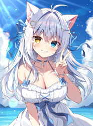 Rule 34 | 1girl, aina rive, animal ear fluff, animal ears, antenna hair, bare shoulders, blue choker, blue eyes, blue sky, bracelet, breasts, cat ears, cat girl, cat hair ornament, choker, cleavage, cloud, collarbone, commentary, day, detached sleeves, dress, grey hair, grin, hair ornament, hairclip, hand up, heterochromia, highres, jewelry, large breasts, long hair, looking at viewer, mauve, original, outdoors, short sleeves, sky, sleeveless, sleeveless dress, smile, solo, upper body, v, white dress, white sleeves, yellow eyes