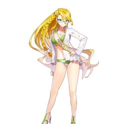 1girl bikini blonde_hair braid breasts flower glasses green_bikini green_sandals hair_flower hair_ornament high_heel_sandals jacket large_breasts long_hair masyu_yuyu sandals single_braid swimsuit tasuki torte_zief uchi_no_hime-sama_ga_ichiban_kawaii white_jacket yellow_eyes