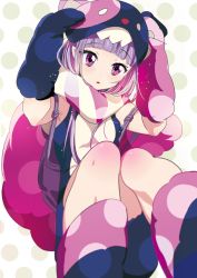 10s 1girl aikatsu! aikatsu!_(series) backpack bag blunt_bangs blush female_focus fur gloves hikami_sumire long_hair looking_at_viewer mebae polka_dot polka_dot_background purple_eyes purple_hair scarf solo striped_clothes striped_scarf