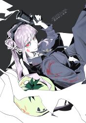 1girl absurdres arm_up black_background black_bow black_dress black_hairband blood blood_on_clothes blood_on_face bow bow_hairband commentary copyright_name dress gun hair_bun hairband handgun highres holding holding_gun holding_weapon long_hair looking_at_viewer mask pink_hair possessed red_eyes shirt sitting smile smoke smoking_barrel spoilers symbol-only_commentary the_hundred_line_-last_defense_academy- tomato tsukumo_kako twintails two-tone_background unworn_mask voltmeter_f weapon white_background white_shirt