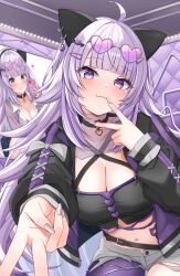 Rule 34 | :3, ahoge, animal ear piercing, animal ears, black choker, black jacket, black shirt, blunt bangs, breasts, cat ears, cat girl, choker, cleavage, commission, criss-cross halter, crop top, hair ornament, hairclip, halterneck, heart, heart-shaped eyewear, highres, hololive, jacket, large breasts, light blush, looking at viewer, micro shorts, navel, nekomata okayu, nekomata okayu (personya respect), outstretched arm, pantyhose, purple-tinted eyewear, purple eyes, purple hair, purple nails, purple pantyhose, shirt, shorts, single leg pantyhose, tinted eyewear, v, v over mouth, virtual youtuber, white shorts, yukkini6