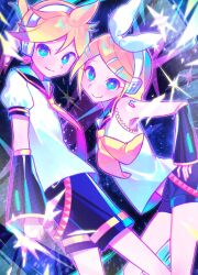 1boy 1girl ahoge aqua_eyes arched_back belt black_sailor_collar black_shorts black_sleeves blonde_hair bow bright_pupils brother_and_sister cheek-to-cheek detached_sleeves earphones eyelashes flat_chest hair_bow hair_ornament hairclip hand_on_own_hip heads_together headset highres iro_(mywife_sunny) kagamine_len kagamine_rin looking_at_viewer midriff_peek narrow_waist neckerchief necktie neon_palette number_tattoo orange_belt ponytail sailor_collar shirt short_hair short_ponytail short_shorts short_sleeves shorts shoulder_tattoo siblings skinny sleeveless sleeveless_shirt smile sparkle swept_bangs tattoo twins vocaloid white_bow white_pupils white_shirt wide_sleeves yellow_neckerchief yellow_necktie