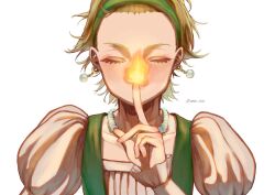 Rule 34 | 1girl, bead necklace, beads, blonde hair, closed eyes, commentary request, dragon quest, dragon quest xi, dress, earrings, fire, floating earrings, floating hair, green hairband, green vest, hair pulled back, hairband, highres, index finger raised, jewelry, juliet sleeves, long sleeves, magic, necklace, official alternate hair length, official alternate hairstyle, puffy sleeves, pyrokinesis, senya (dq11), short hair, solo, sphere earrings, twitter username, umim 3333, upper body, vest, white background, white dress
