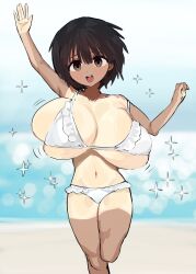 1girl arm_up beach bfmelu bikini black_hair bouncing_breasts breasts brown_eyes cleavage dark-skinned_female dark_skin frilled_bikini frills gigantic_breasts huge_breasts navel ocean open_mouth original outdoors running short_hair skindentation solo sparkle standing swimsuit tan tanline waving white_bikini