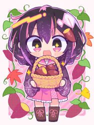 +_+ 1girl :d basket black_hair blush boots border braid brown_boots chibi chibi_only commentary_request food food-themed_hair_ornament frilled_skirt frills full_body hair_ornament highres holding holding_basket iriam jacket lace-up_boots long_sleeves medium_hair multicolored_hair neckerchief open_mouth otokana_sora outline outside_border pink_background pink_eyes pink_hair pink_skirt plaid_clothes plaid_skirt pleated_skirt purple_jacket richard_(richaball) roasted_sweet_potato sailor_collar school_uniform serafuku skirt smile solo sparkle standing streaked_hair striped_background sweet_potato twin_braids two-tone_hair virtual_youtuber white_border white_outline white_sailor_collar yellow_neckerchief