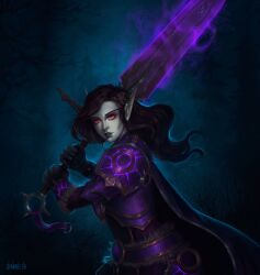 1girl 2025 absurdres armor artist_name breastplate commission cowboy_shot elf flower from_side gauntlets glowing glowing_eyes glowing_sword glowing_weapon hair_flower hair_ornament hashtag-only_commentary highres holding holding_sword holding_weapon long_hair night outdoors oxanaresh pauldrons pointy_ears purple_armor red_eyes shoulder_armor solo sword two-handed_sword warcraft weapon