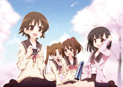4girls :3 :d arm_support arm_up black_hair black_pantyhose black_socks blonde_hair blouse blue_sky blunt_bangs bow brown_eyes brown_hair brown_sailor_collar brown_shoes brown_skirt camera cardigan cherry_blossoms cloud d: day falling_petals finger_to_mouth floating_hair hair_bow hanawa_kaoru hands_up highres holding holding_bento holding_camera holding_thermos hoppege index_finger_raised light_blush loafers long_hair long_sleeves looking_at_another looking_at_viewer miniskirt multiple_girls neck_ribbon okazaki_norie open_cardigan open_clothes open_mouth outdoors pantyhose parted_bangs petals pink_cardigan pocket ponytail puffy_long_sleeves puffy_sleeves red_bow red_ribbon ribbon round_teeth sailor_collar sakurada_maon sawatari_fuu school_uniform serafuku shiny_skin shirt shirt_tucked_in shoes short_hair sitting skirt sky smile socks spring_(season) sweater tamayura teeth thermos tucking_hair twintails upper_teeth_only v-shaped_eyebrows white_shirt wind
