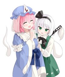 2girls black_bow black_bowtie black_hairband blue_hat blue_kimono blush bow bowtie breasts chimi_(s2yuyukos2) closed_eyes collared_shirt commentary green_eyes green_skirt green_vest hairband hat highres hitodama hitodama_print japanese_clothes katana kimono konpaku_youmu konpaku_youmu_(ghost) long_sleeves mob_cap multiple_girls open_mouth pink_hair saigyouji_yuyuko shirt simple_background skirt skirt_set sleeve_garter smile sword sword_on_back touhou triangular_headpiece vest weapon weapon_on_back white_background white_hair white_shirt wide_sleeves