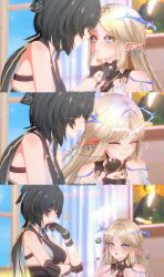 2girls 3d absurdres black_gloves black_hair blonde_hair blue_eyes blush cartethyia_(wuthering_waves) closed_eyes closed_mouth commentary ear_blush earrings embarrassed english_commentary female_rover_(wuthering_waves) finger_to_another&#039;s_mouth gloves highres indoors jewelry long_hair multiple_girls painting_(object) parted_lips partially_fingerless_gloves pointy_ears rover_(wuthering_waves) shinshogun smile twitter_username window wuthering_waves yuri