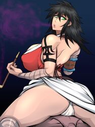amputee arm_tattoo bare_shoulders black_hair bleach breasts green_eyes hair_down large_breasts long_hair parted_lips shiba_kuukaku shiny_skin smoke smoke_trail smoking_pipe soyuz001 tattoo