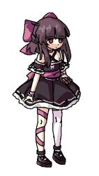 1girl bare_shoulders black_footwear bow brown_hair chocolate choker criss-cross_halter expressionless fallen_shadow fallenshadow fukouna_shoujo_03 full_body halterneck indie_virtual_youtuber leg_ribbon lowres medium_hair pink_bow pink_choker pink_eyes pink_ribbon pixel_art ribbon ribbon_choker single_thighhigh single_wrist_cuff solo standing thighhighs transparent_background virtual_youtuber waist_bow wrist_cuffs