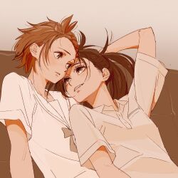 1girl 2girls 55bata6rou arm_behind_head arm_up black_hair brown_eyes brown_hair collared_shirt eye_contact eyelashes highres kamisaki_hikaru long_hair looking_at_another medalist_(manga) multiple_girls ponytail shirt short_hair short_sleeves smile upper_body white_shirt yuitsuka_inori