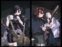 Rule 34 | 2girls, ahoge, aijou karen, alternate costume, black hair, blue eyes, brown hair, crown hair ornament, drum, drum set, earrings, electric guitar, gloves, grin, guitar, hair ornament, highres, holding, holding guitar, holding instrument, indoors, instrument, jewelry, kagura hikari, leather, leather dress, leather gloves, looking at viewer, medium hair, microphone stand, multiple girls, qisu zhang, red eyes, rock (music), shadow, shoujo kageki revue starlight, skirt, smile, star (symbol), star hair ornament, v