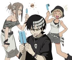 1boy 2girls belt betti_(xx_betti) black_belt black_hair black_shirt blonde_hair bracelet brown_hair cropped_shirt death_the_kid double_popsicle elizabeth_thompson food hair_bun hair_ornament highres holding holding_food holding_popsicle jewelry multiple_girls necklace off-shoulder_shirt off_shoulder patricia_thompson popsicle shirt short_hair short_sleeves shorts siblings simple_background single_hair_bun sisters skirt skull_hair_ornament skull_necklace soul_eater spiked_bracelet spikes striped_clothes striped_shirt sweat tank_top trembling white_background white_hair white_skirt white_tank_top yellow_eyes