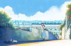 1girl animal bird black_hair black_shoes blue_dress blue_sky building camera cat city cityscape cloud cloudy_sky collared_dress commentary_request day dome dress female_focus hanasei highres jacket leaning_back light_particles long_hair long_sleeves open_clothes open_jacket original outdoors pink_jacket railing scenery shoes sky skyline solo standing strap tree wide_shot window