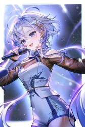 1girl abstract_background absurdres animal_hair_ornament blue_eyes blue_streaks clothing_cutout corset dasong dutch_angle hair_ornament hebi_(vtuber) highres holding holding_microphone indie_virtual_youtuber long_hair microphone multicolored_hair music open_mouth porcelain qinghua_(porcelain) ribbon see-through_clothes see-through_sleeves shorts shoulder_cutout singing snake snake_hair_ornament solo twintails virtual_youtuber white_corset white_hair white_shorts white_snake wireless_microphone