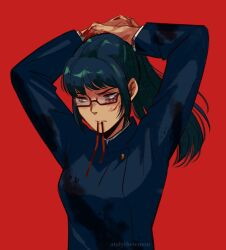 1girl andythelemon arms_up black_hair blood blood_on_clothes blood_on_face blood_on_hands eyebrows eyelashes female_focus furrowed_brow glasses jujutsu_kaisen jujutsu_tech_uniform long_hair long_sleeves ponytail red_background ribbon simple_background solo tying_hair yellow_eyes zen&#039;in_maki