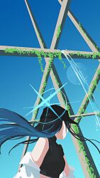 1girl absurdres baseball_cap black_hair black_shirt blue_archive blue_hair coat coat_partially_removed commentary_request day halo hat highres kani_etizen03 long_hair looking_back moon multicolored_hair outdoors overgrown saori_(blue_archive) shirt sky sleeveless sleeveless_turtleneck solo turtleneck two-tone_hair water white_coat