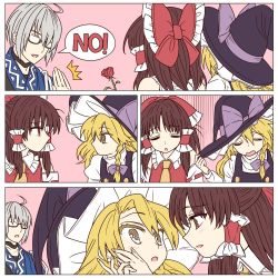 1boy 2girls ^^^ ahoge ascot ayano_(ayn398) bad_id bad_twitter_id blonde_hair blush bow braid brown_eyes brown_hair choker comic detached_sleeves flower glasses grey_hair hair_bow hair_tubes hakurei_reimu hand_on_another&#039;s_face hat hat_bow japanese_clothes juliet_sleeves kirisame_marisa long_hair long_sleeves looking_at_another morichika_rinnosuke multiple_girls no nontraditional_miko opaque_glasses open_mouth parody pink_background puffy_sleeves rose short_hair simple_background single_braid speech_bubble touhou witch_hat yellow_eyes yuri