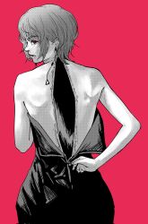 1girl 58_(opal_00_58) black_dress chainsaw_man dress earrings fami_(chainsaw_man) highres hollow_body jewelry looking_at_viewer looking_back raggumba red_eyes ringed_eyes short_hair unzipping