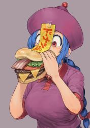 1girl absurdres bacon blouse blue_hair blush braid braided_ponytail burger chanta_(ayatakaoisii) cheese eating food grey_background hands_up hat highres holding jiangshi jiangshi_(chanta) lettuce ofuda ofuda_on_clothes original red_eyes red_hat red_shirt shirt short_sleeves simple_background single_braid solo tape tomato translation_request upper_body
