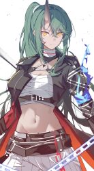 Rule 34 | 1girl, absurdres, arknights, bandages, black jacket, chain, chest sarashi, green hair, groin, highres, horns, hoshiguma (arknights), hoshiguma the breacher (arknights), jacket, long hair, looking at viewer, midriff, navel, sarashi, simple background, single horn, solo, sparks summer, stomach, very long hair, white background, yellow eyes
