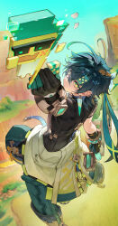 1boy 1other absurdres ajaw_(genshin_impact) aqua_hair aqua_headband aqua_pants black_gloves black_hair black_shirt closed_mouth commentary earrings fang_of_the_mountain_king_(genshin_impact) genshin_impact gloves green_eyes green_gloves green_hair green_headband hair_between_eyes headband highres holding holding_sword holding_weapon jewelry kinich_(genshin_impact) male_focus multicolored_gloves multicolored_hair pants shirt short_hair spiked_ear_piercing sword toria_(toriaa_27) two-tone_gloves weapon