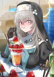 1girl absurdres black_dress black_gloves black_hat blue_archive blue_neckerchief blush breast_rest breasts breasts_on_table collar crossed_bangs dress food food_in_mouth gloves hat highres holding holding_spoon kc_ncp large_breasts long_hair looking_at_viewer neckerchief nun parfait purple_eyes sakurako_(blue_archive) sidelocks solo spoon upper_body white_collar white_hair