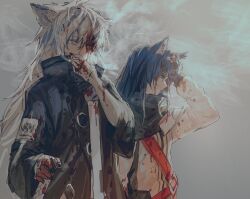 Rule 34 | 2girls, animal ear fluff, animal ear piercing, animal ears, arknights, belt, black coat, black hair, blood, blood on clothes, blood on face, blood on hands, capelet, coat, commentary request, grey eyes, hand in own hair, hand on weapon, high collar, highres, jacket, lappland (arknights), long hair, multiple girls, mutomorokoshi, name tag, red belt, smoke, smoking, texas (arknights), white hair, white jacket, wolf ears, wolf girl