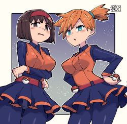 2girls ace_trainer_(pokemon) ace_trainer_(pokemon)_(cosplay) belt blue_eyes blush breasts brown_hair chichibu_(watson) commentary_request cosplay erika_(pokemon) eyelashes game_freak hair_tie hairband hand_on_own_hip long_sleeves looking_at_viewer looking_down misty_(pokemon) multiple_girls nintendo orange_hair orange_vest pantyhose poke_ball poke_ball_(basic) pokemon pokemon_bw pokemon_lgpe purple_legwear purple_shirt purple_skirt red_belt red_hairband shirt short_hair side_ponytail skirt vest